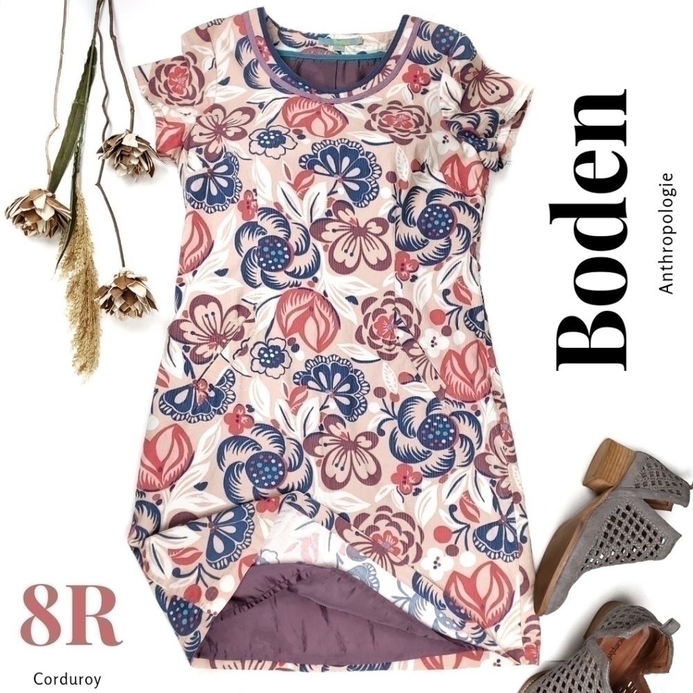 Boden Beige Coral Blue Floral Corded Boho Dress Sz 8R